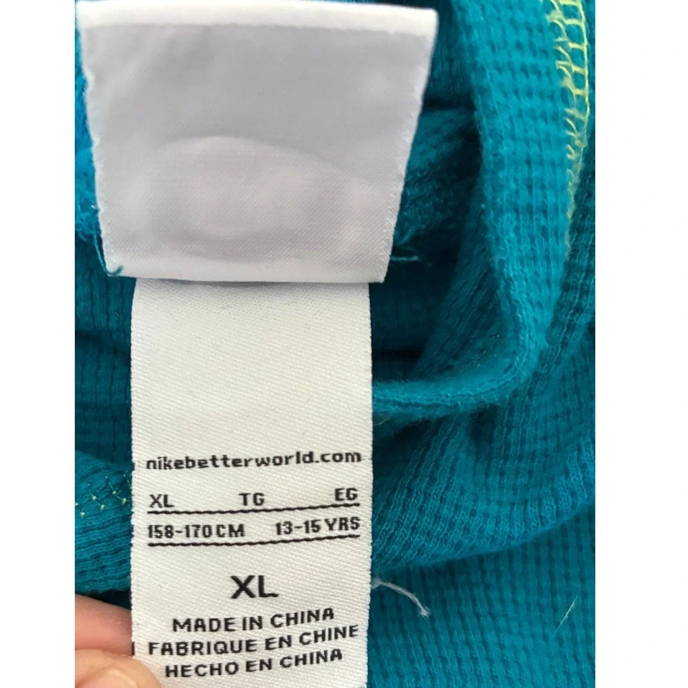 Nike Girls XL Teal Waffle Knit Hoodie Thermal Pullover Neon Stitching Longline
